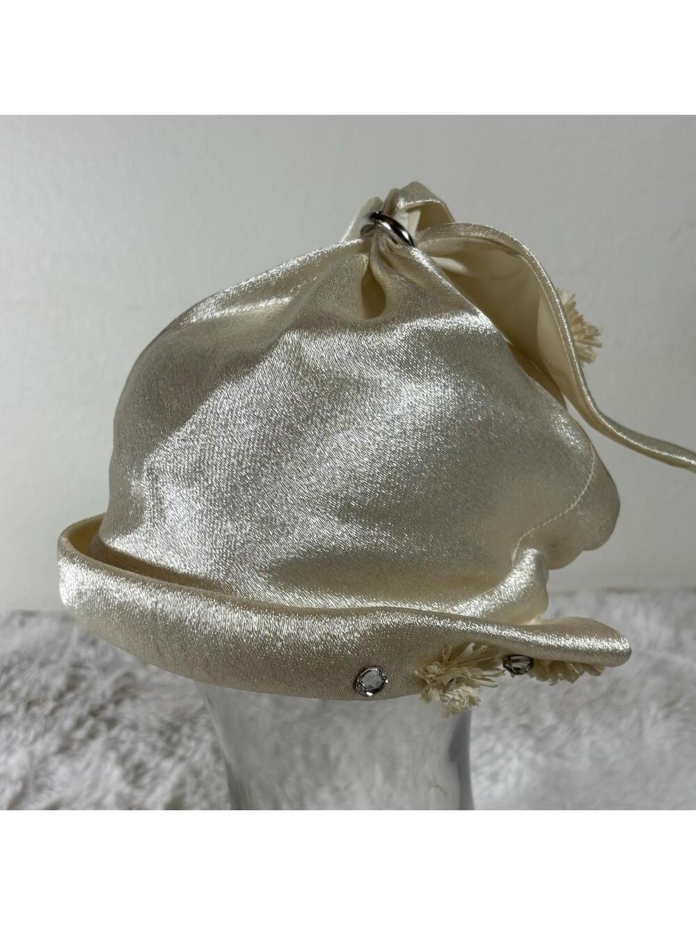 Vintage Satin Cocktail Hat Champagne Floral Rhinestone 50s 60s